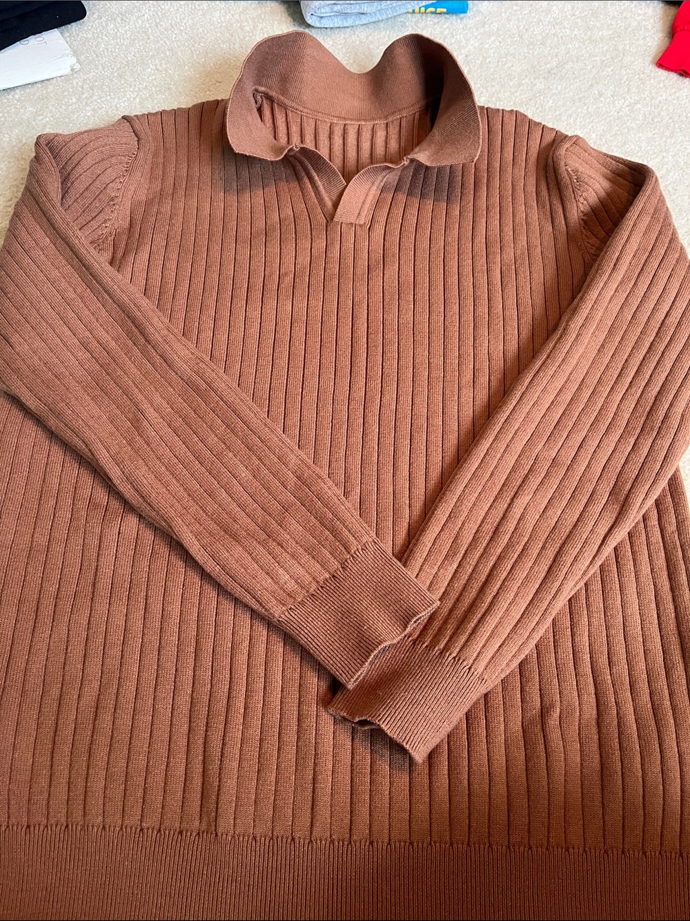 Men's Ribbed Long-Sleeve Polo Sweater - Brown. Like new. Medium.
